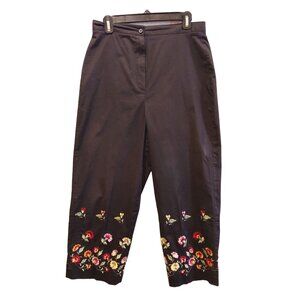 Larry Levine 12 Cropped Black Embroidered Flowers Pants light cotton Boho Hippie